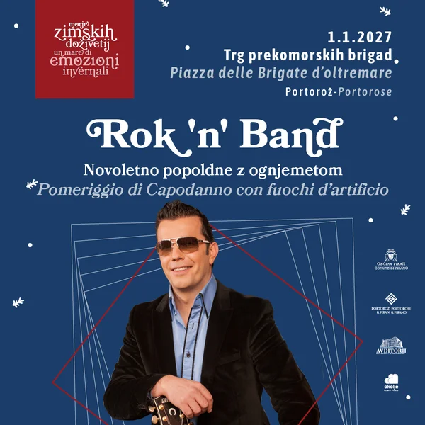 Rok Ferengja s sončnimi očali in kitaro na plakatu za novoletno popoldne z ognjemetom, 1. 1. 2027, Trg prekomorskih brigad, Portorož