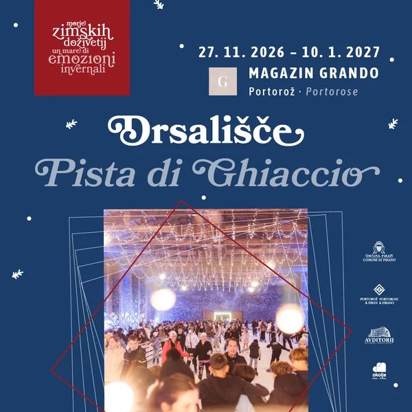 Obiskovalci na ledu pod prazničnimi lučkami v Magazinu Grando, plakat drsali&scaron;ča Morja zimskih doživetij, 27. 11. 2026&ndash;10. 1. 2027