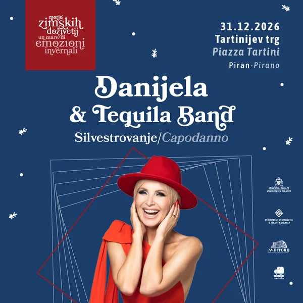 Danijela v rdečem klobuku in rdeči obleki na plakatu za silvestrovanje s skupino Tequila Band, 31. 12. 2026, Tartinijev trg, Piran