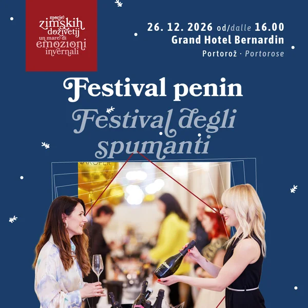Gostiteljica ponuja steklenico penine obiskovalki s kozarcem, plakat Festivala penin, 26. 12. 2026, Grand Hotel Bernardin, Portorož